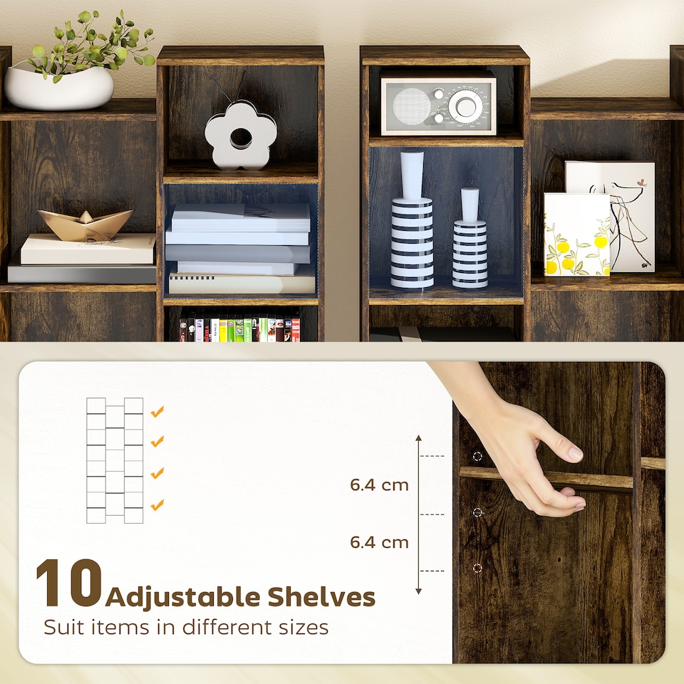 image 1 of HOMCOM 21-Cube Tall Bookcase, Modern Cube Book shelf with 10 Adjustable Shelves, Freestanding Multi-Functional Storage Unit for Living Room, Home Office, Bedroom, 181 x 89.5W cm, Rustic Brown | Brown | Rustic Brown