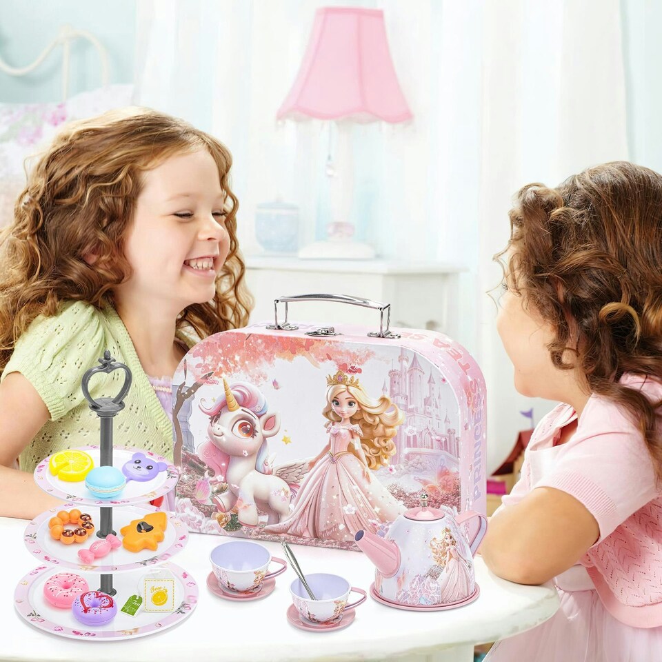 image 1 of Magical Princess Tea Party Set for Kids – Pretend Play Afternoon Tea Set with Cups, Teapot, Utensils & Carry Case