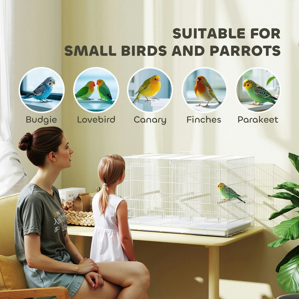 image 1 of PawHut Bird Cage with Divider, 4 Wooden Perches, Slide Out Tray, White