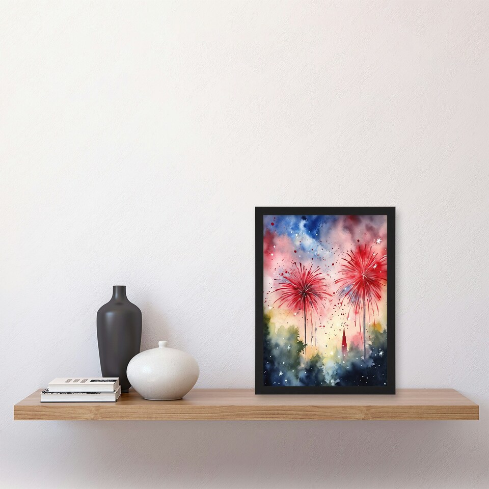 image 1 of 4th July Independence Day Fireworks USA Black Framed Wall Art Print A4