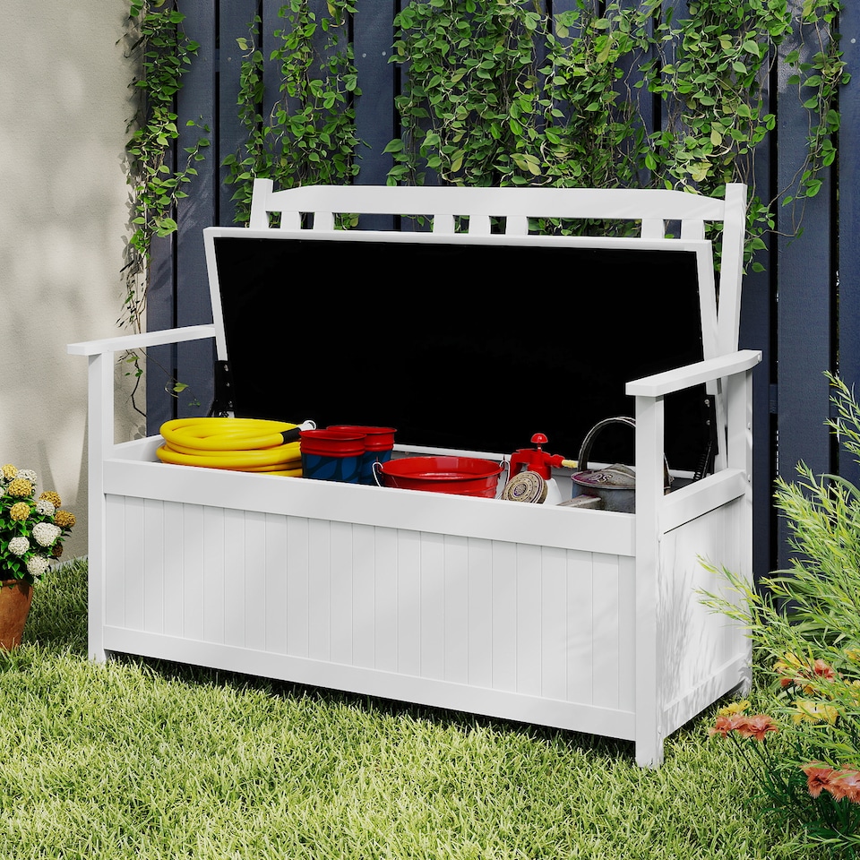 image 1 of COSTWAY 185L Patio Storage Bench Solid Wood Storage Loveseat with Backrest