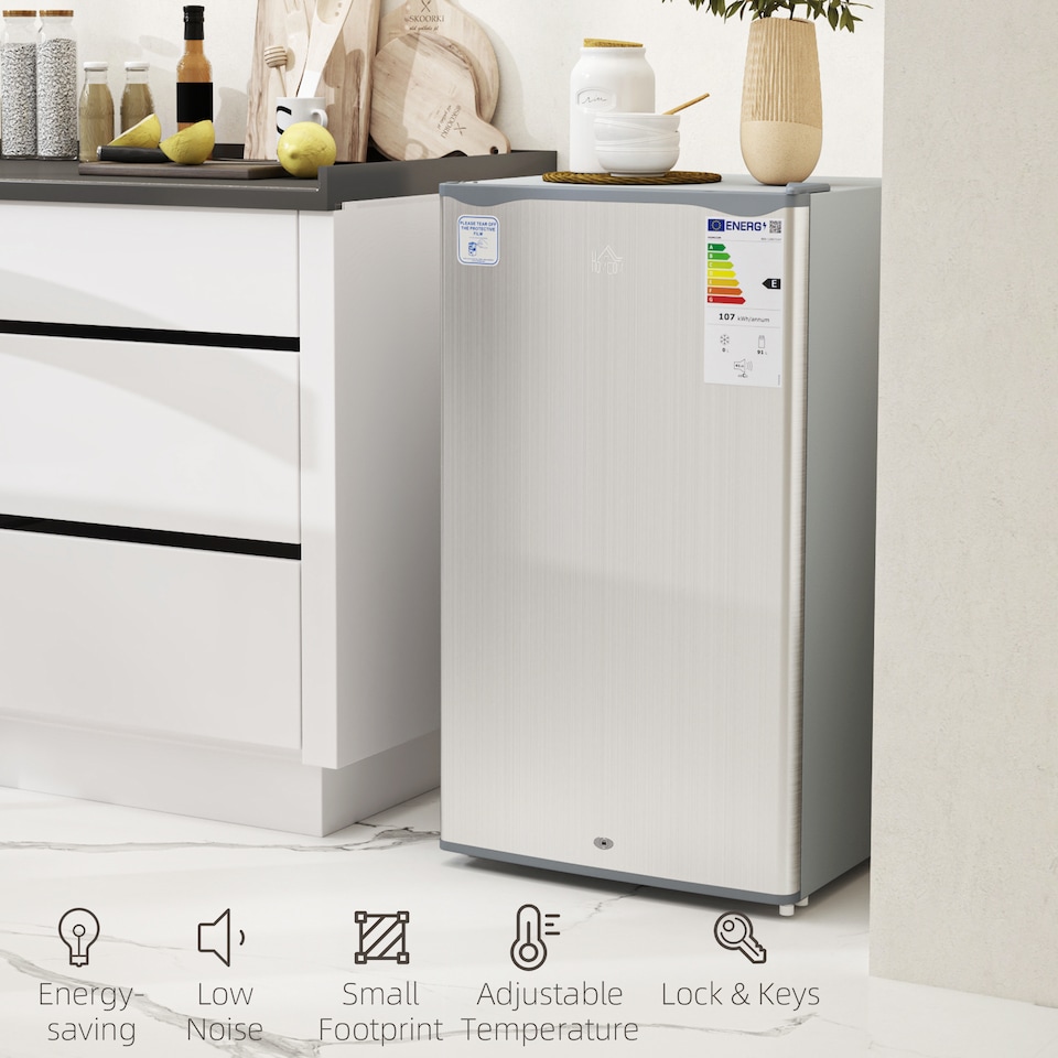 image 1 of HOMCOM 91 Litre Under Counter Fridge Freezer with Lock, Small Fridge Freestanding with Chiller Box, Adjustable Thermostat, 47.5cm Wide, Grey