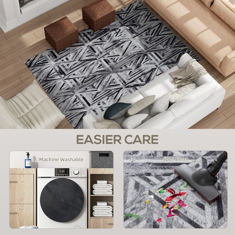 image 1 of HOMCOM Modern Area Rug, Triangle Pattern Non-Slip Washable Rug, Chenille Floor Carpet for Living Room, Bedroom, Dining Room, Home Office, 230 160 cm, Black | Black | Cream, Dark Grey | 1