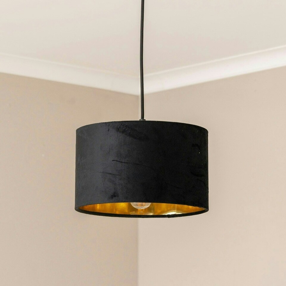 image 1 of ValueLights Reni Small Black Velvet Gold Inner Lamp Shade Black