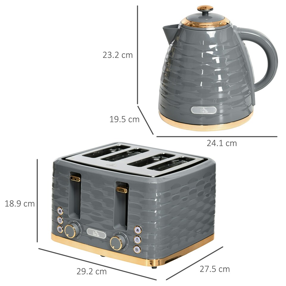 image 1 of HOMCOM Kettle and Toaster Set 1.7L Rapid Boil Kettle & 4 Slice Toaster Grey