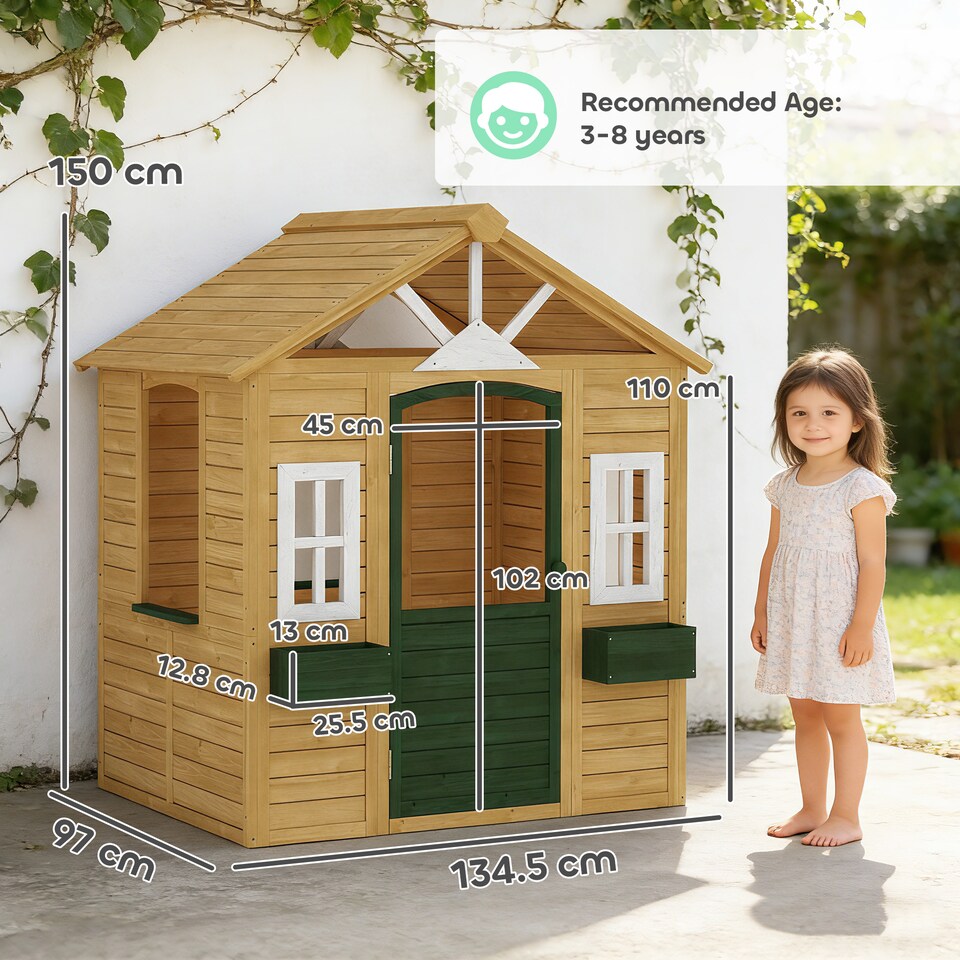 image 1 of AIYAPLAY Outdoor Playhouse, Wooden Wendy House with Door, 2 Flower Boxes
