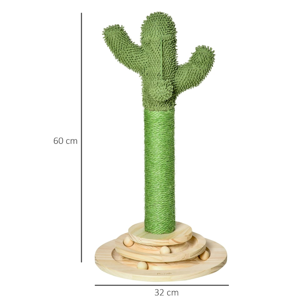 image 1 of PawHut Cactus Cat Tree, 60cm Sisal Scratching Post for Indoor Cats, Green