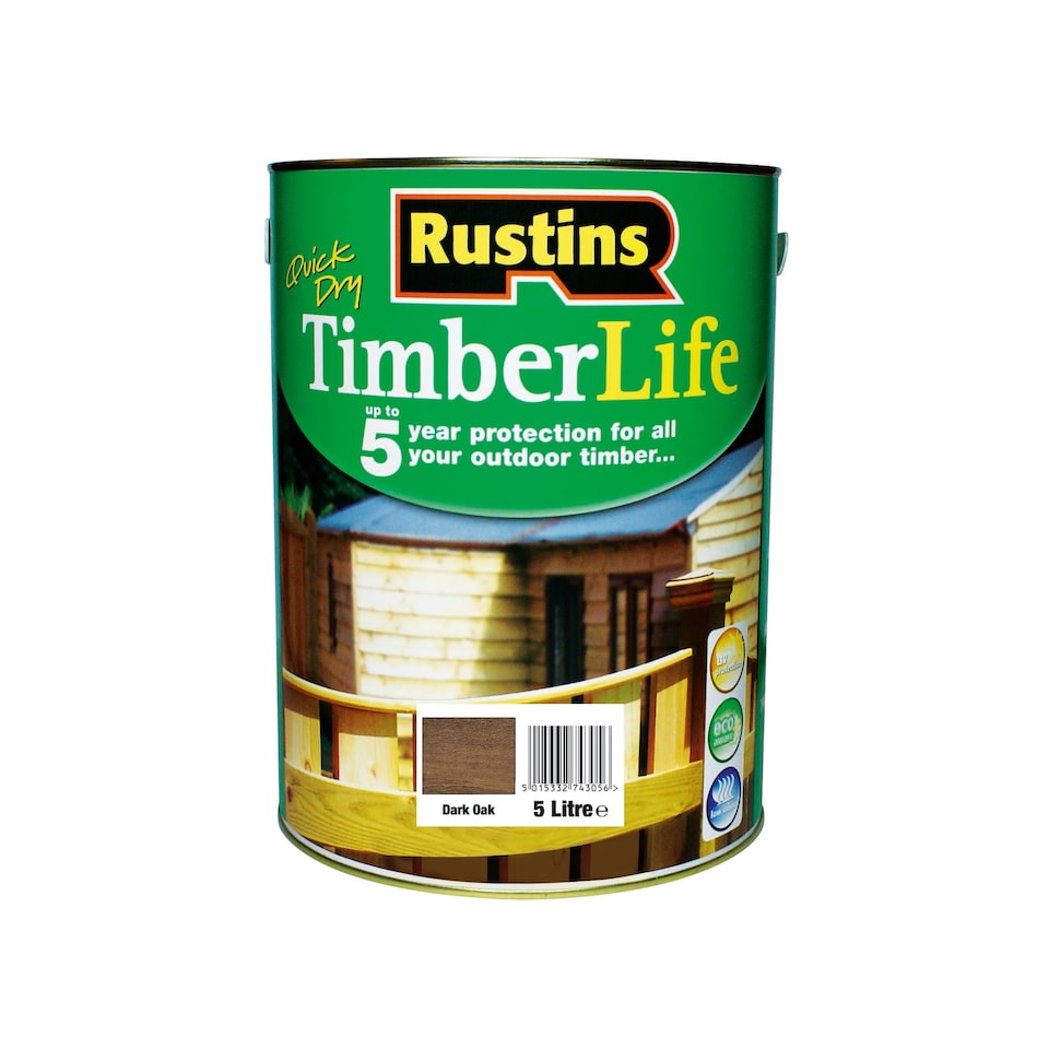 image 1 of Rustins Quick Dry Timberlife Dark Oak 5L 5 Year Protection for Timber Sheds & Fences | Brown | 1