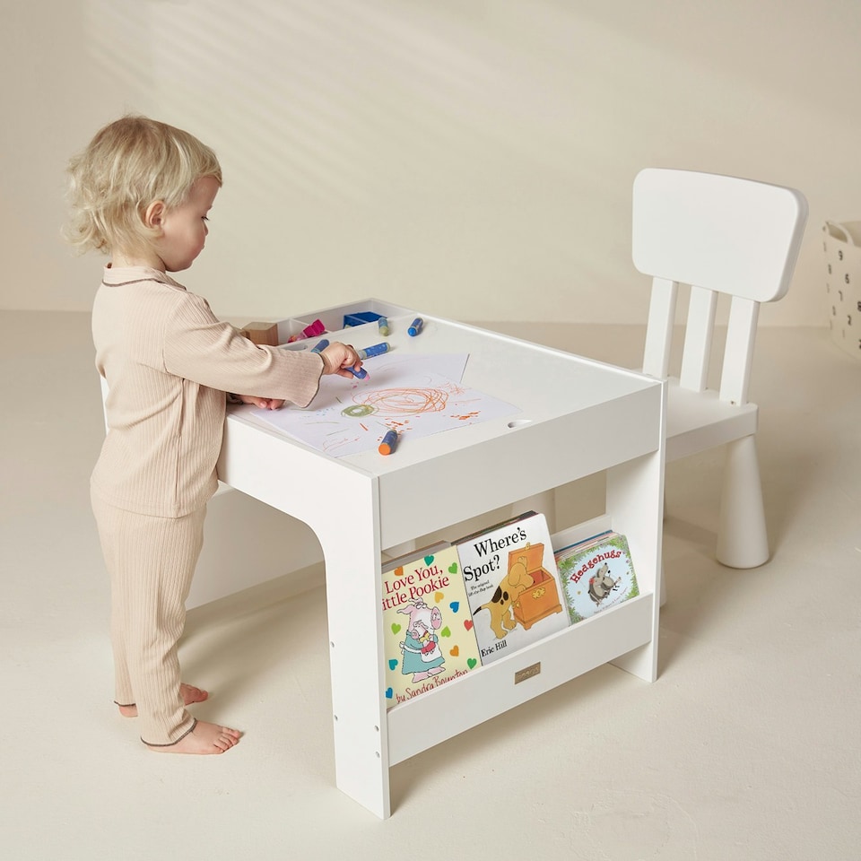 image 1 of Hooga Wooden Activity Table with Storage - 4 City Baseplates & Chalkboard Grey