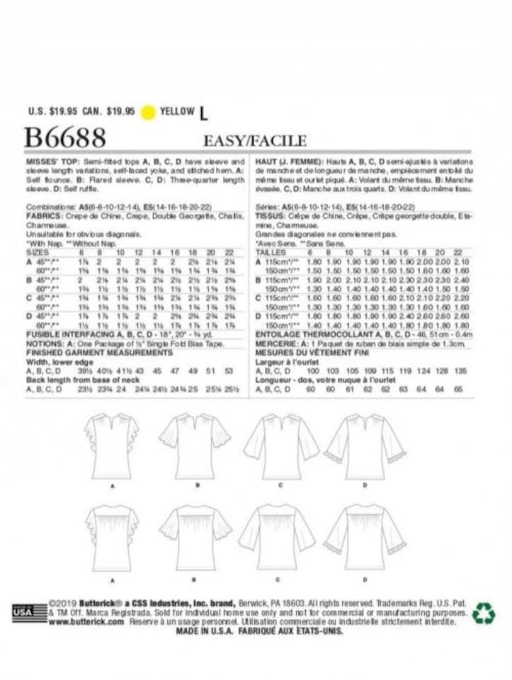 image 1 of Butterick 6688 Paper Sewing Pattern – Women’s Top, Size A5 (6–8–10–12–14), Easy