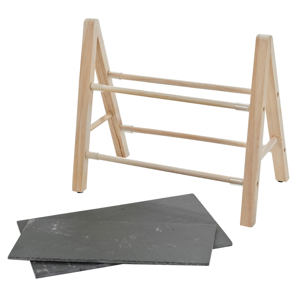 image 1 of 2-Tier Slate and Wood Snack Display Stand