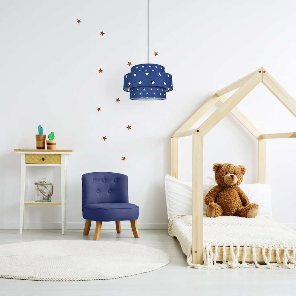 image 1 of Triple Tier Midnight Blue Cotton Fabric Childrens Pendant Shade with Stars Decor | Blue