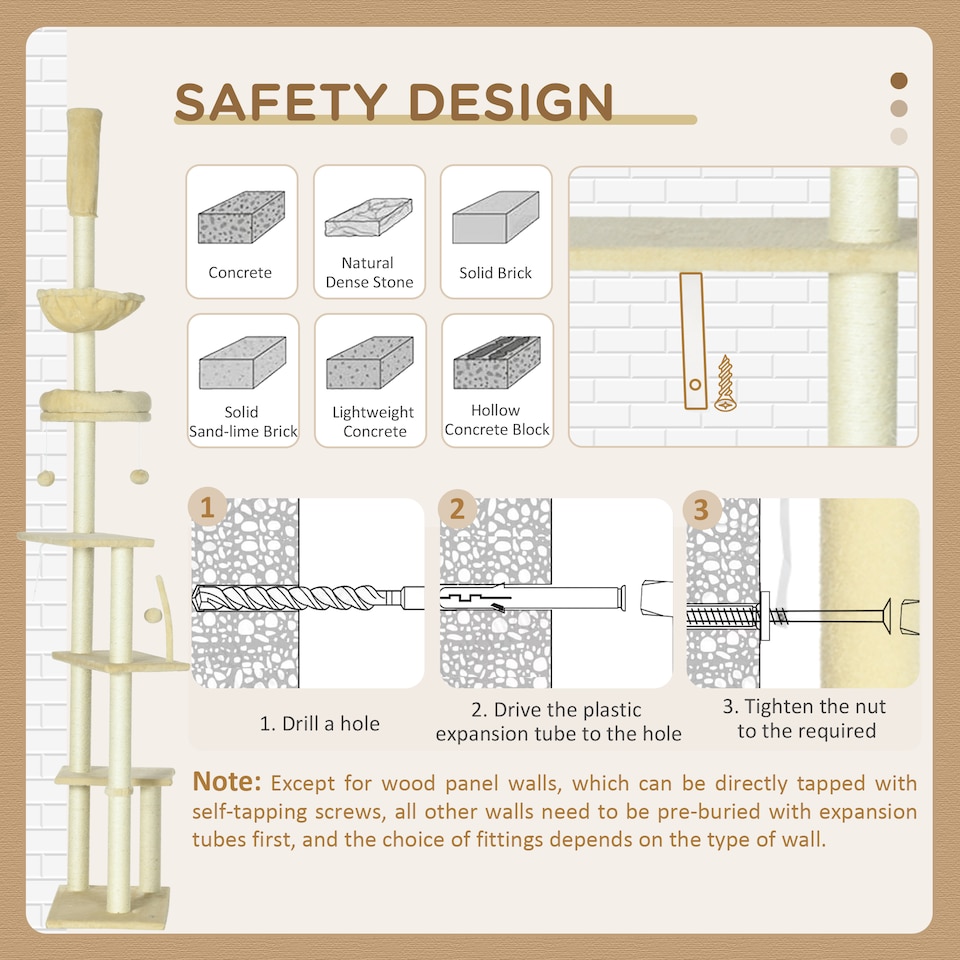 image 1 of PawHut Floor To Ceiling Cat Tree 6-Tier with Scratch Post Bed Hammock
