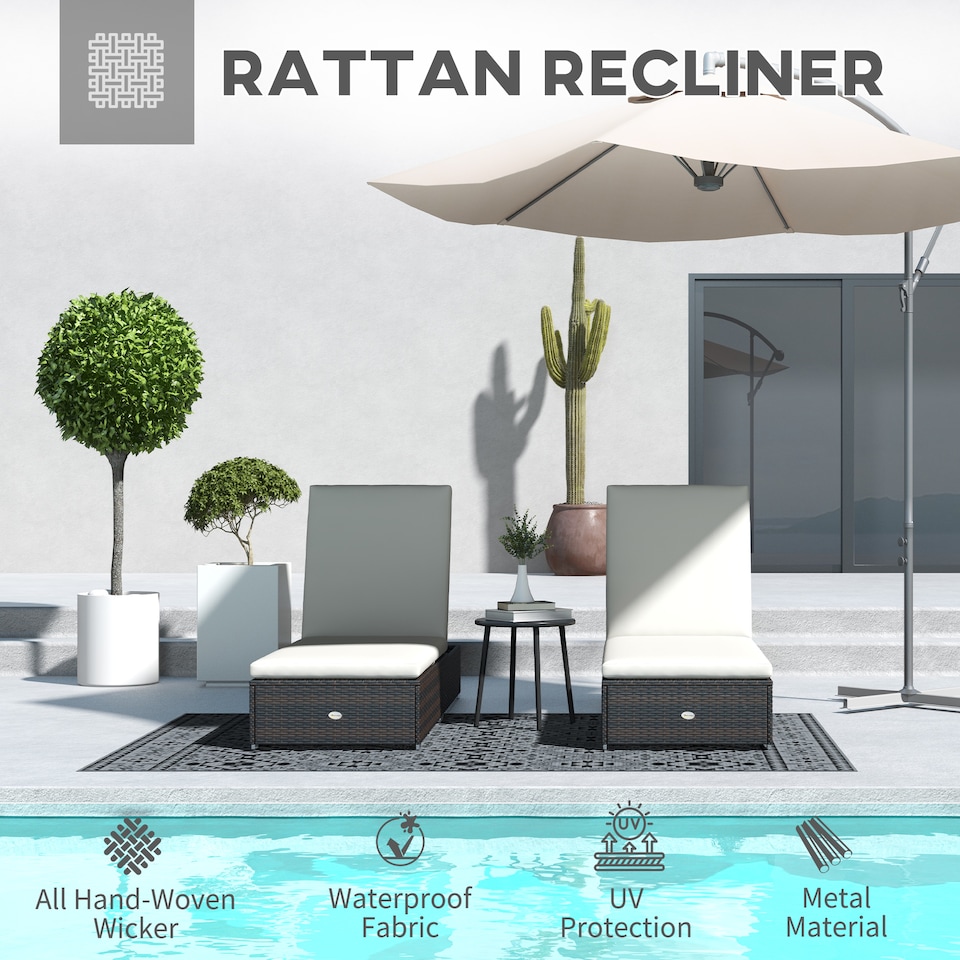 image 1 of Outsunny Rattan Sun Loungers Set of 2, Recliner Chairs, Adjustable Back, Brown | Brown