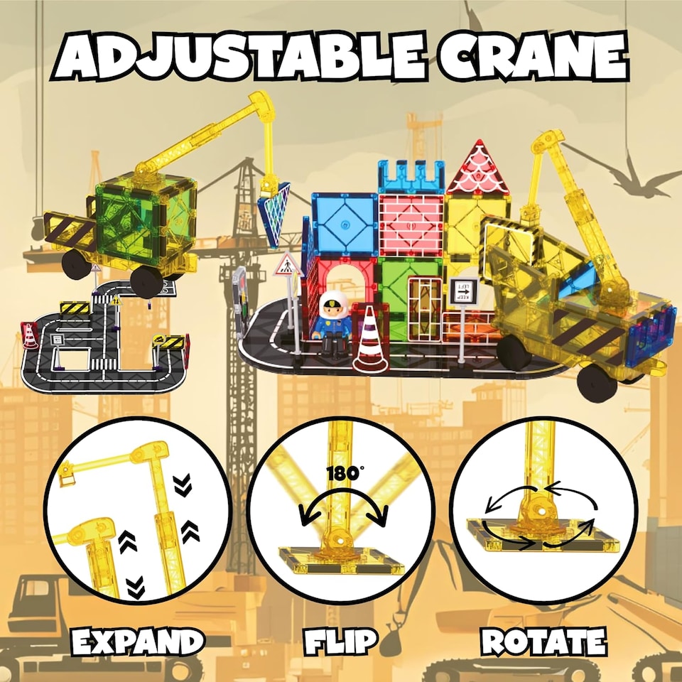 image 1 of Desire Deluxe Magnetic Building Tiles Road Blocks - Magnet Crane Car Set for Kids, Educational Preschool STEM Learning Montessori Construction Toddler Toy for Boys & Girls 3+ Year