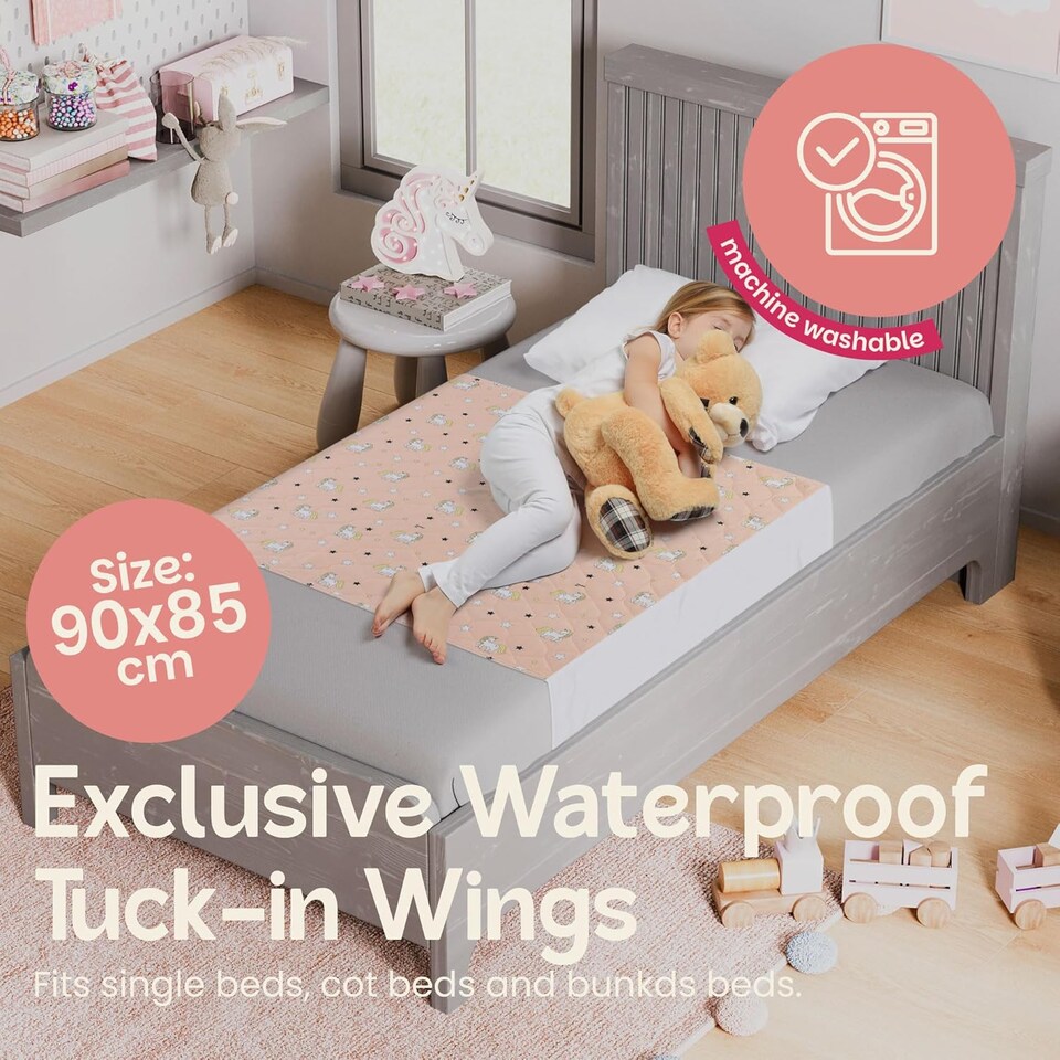 image 1 of Lynmark® Toddler Potty Training Bed Pads with Tucks, Absorbs Up to 1200ml, 90x85cm (Tucks 85x45cm) Unicorn | Pink | Unicorn | 1
