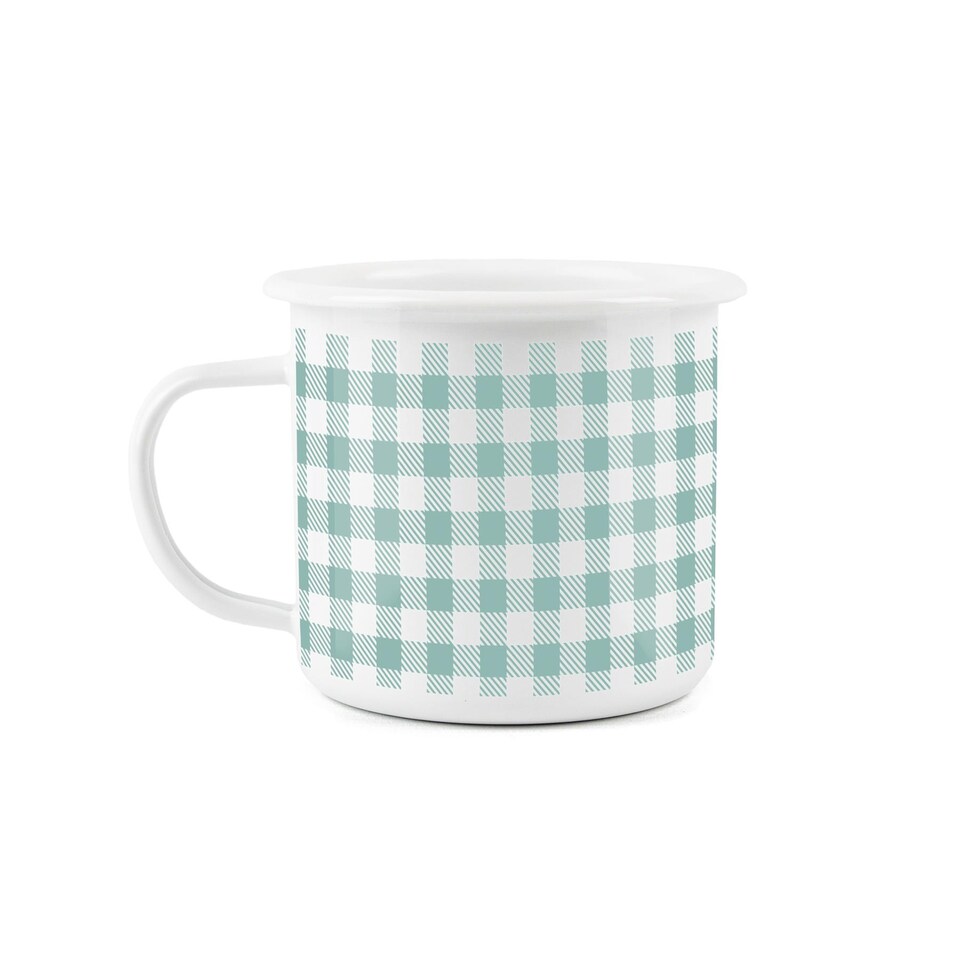 image 1 of Aqua Gingham Print Enamel Mug