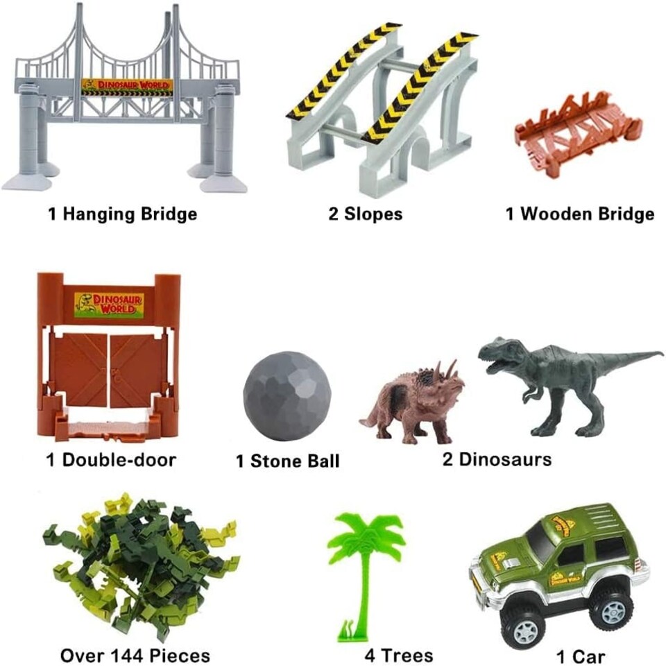 image 1 of Dino World Flexible Slot Car Race Track Set – 144-Piece Dinosaur Track Playset with Battery-Operated Car, Light-Up Features, Bridges & Accessories