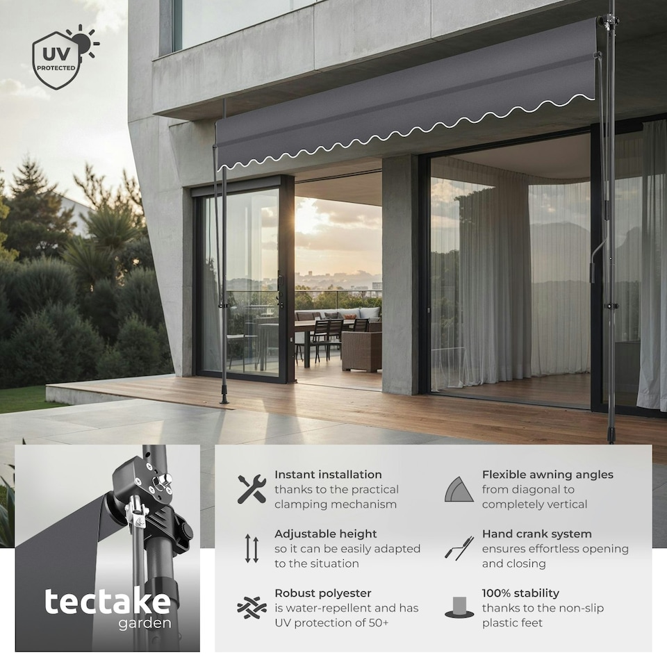image 1 of Awning with hand crank - pressure fitted , height adjustable Black | Grey | 180 x 400 cm