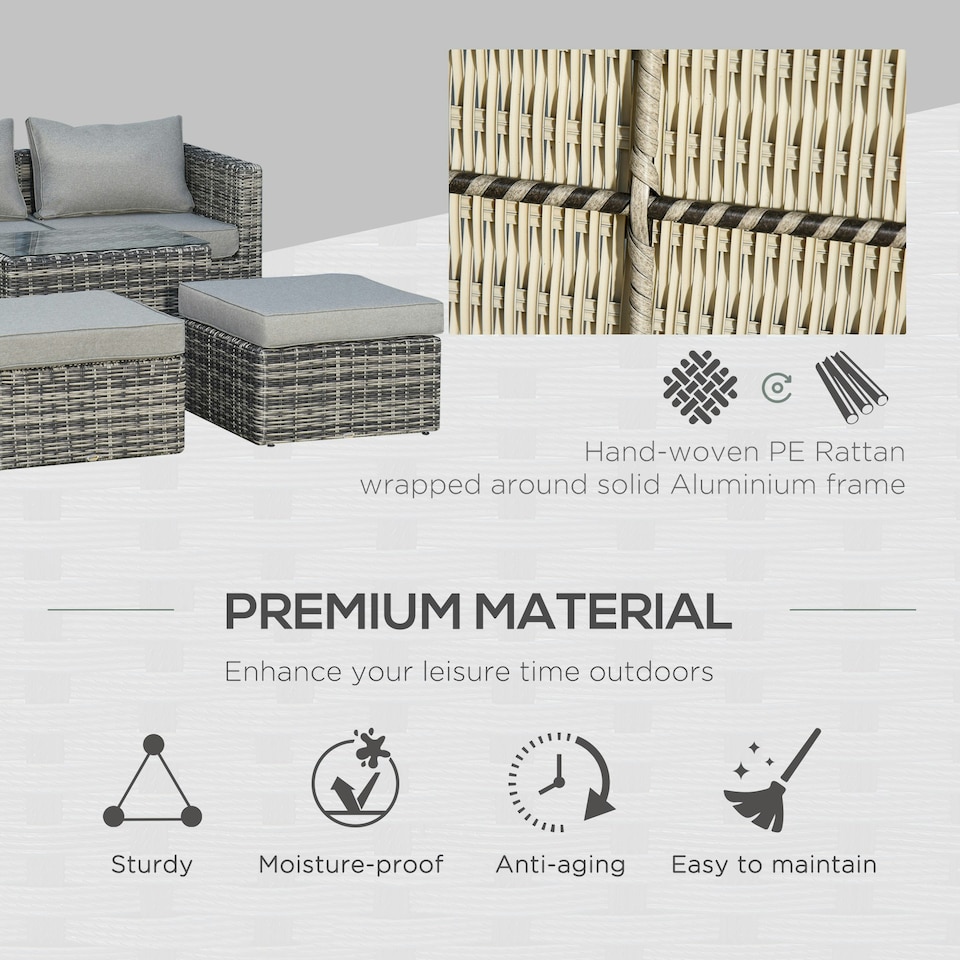 image 1 of Outsunny 5 Pcs Rattan Garden Furniture Set Single Sofa Stool Coffee Table Grey