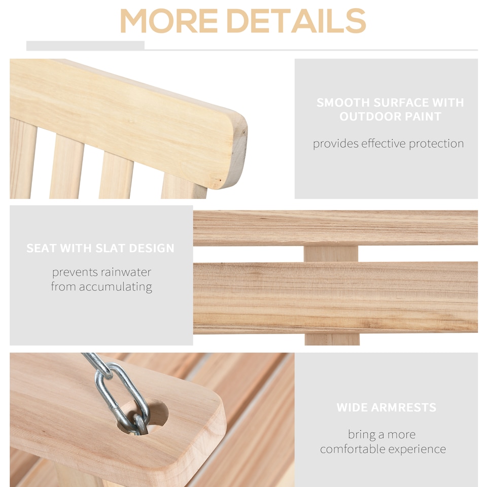 image 1 of Outsunny Outdoor Wooden Swing Bench 2-Seater Porch Swing Chair Hanging Hammock Garden Furniture, Natural