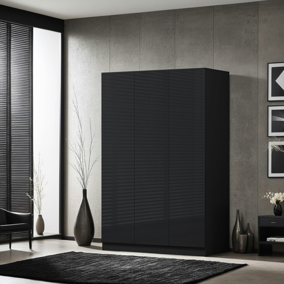 image 1 of FWStyle Stora 3 Door Wardrobe - Black Gloss Front Black