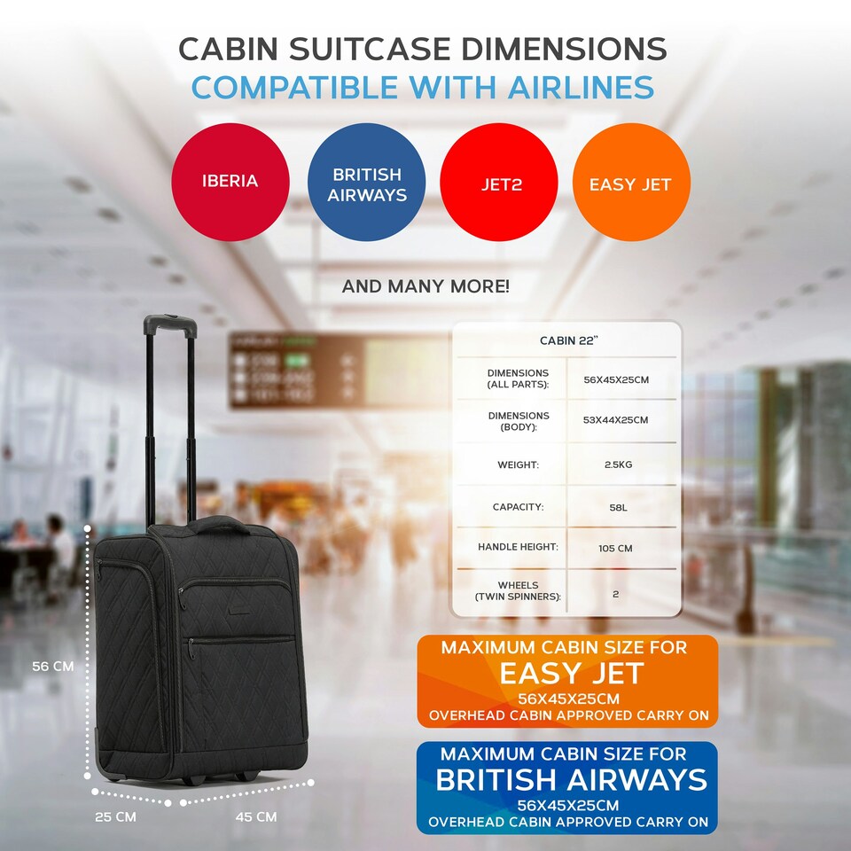 image 1 of Flight Knight 56x45x25cm easyJet & British Airways Large Carry On Approved Maximum Size Hand Luggage - 2 Wheels - Lightweight Durable Textile Cabin Suitcase Blue | Navy | Cabin Bag