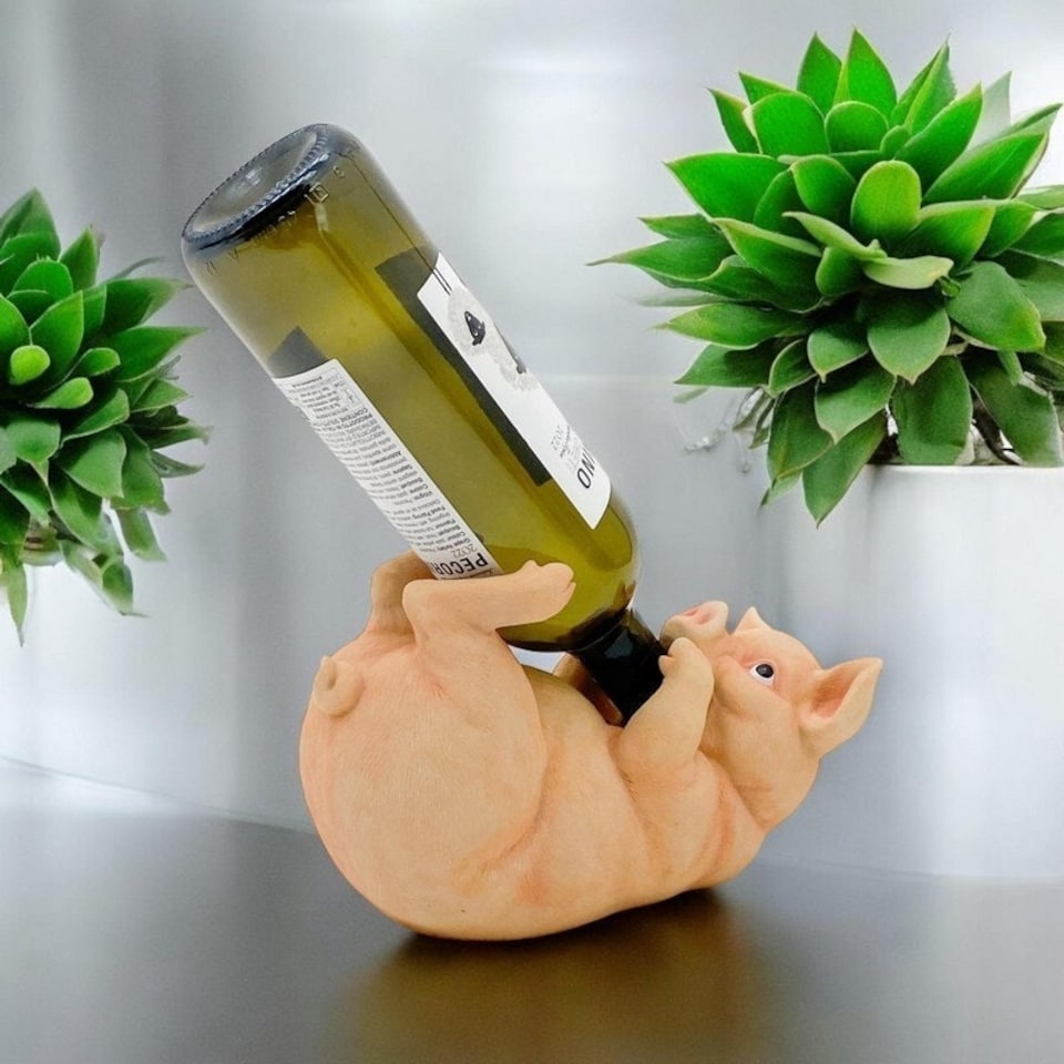 image 1 of Decorative Pig Wine Bottle Holder Ornament - Resin - L15 x W23 x H25 cm