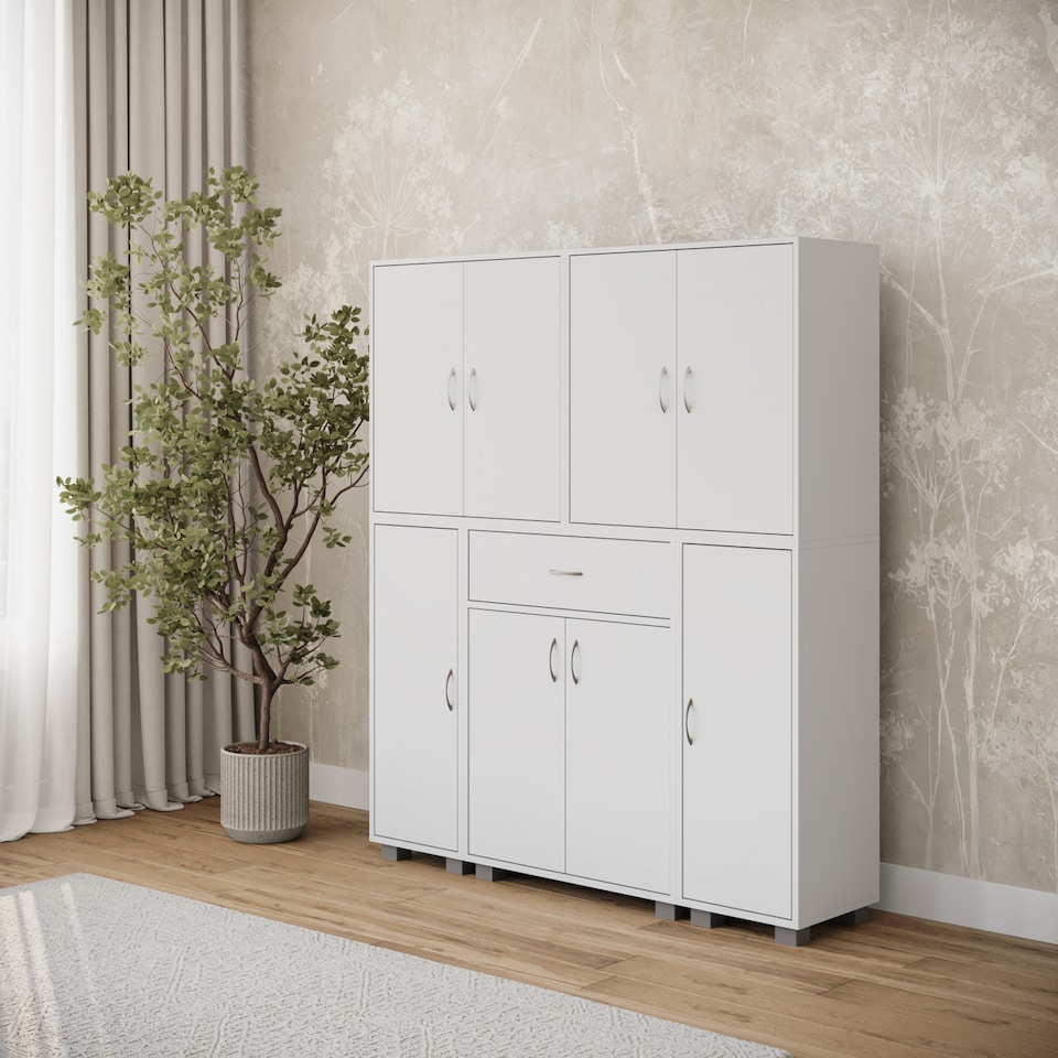 image 1 of Multi-Compartment Cabinet with 8 Doors and 1 Drawer | White | 1
