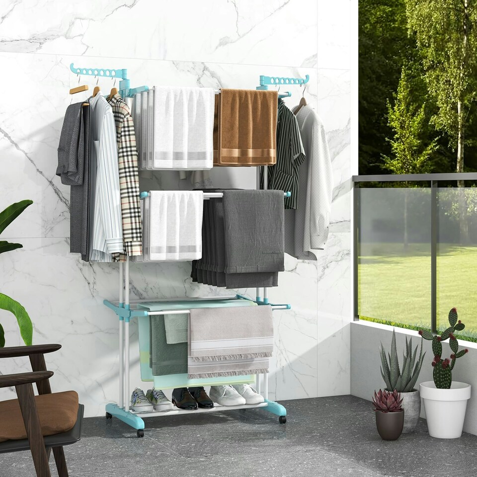 image 1 of COSTWAY 4-Tier Collapsible Laundry Rack Foldable Drying Rack Blue