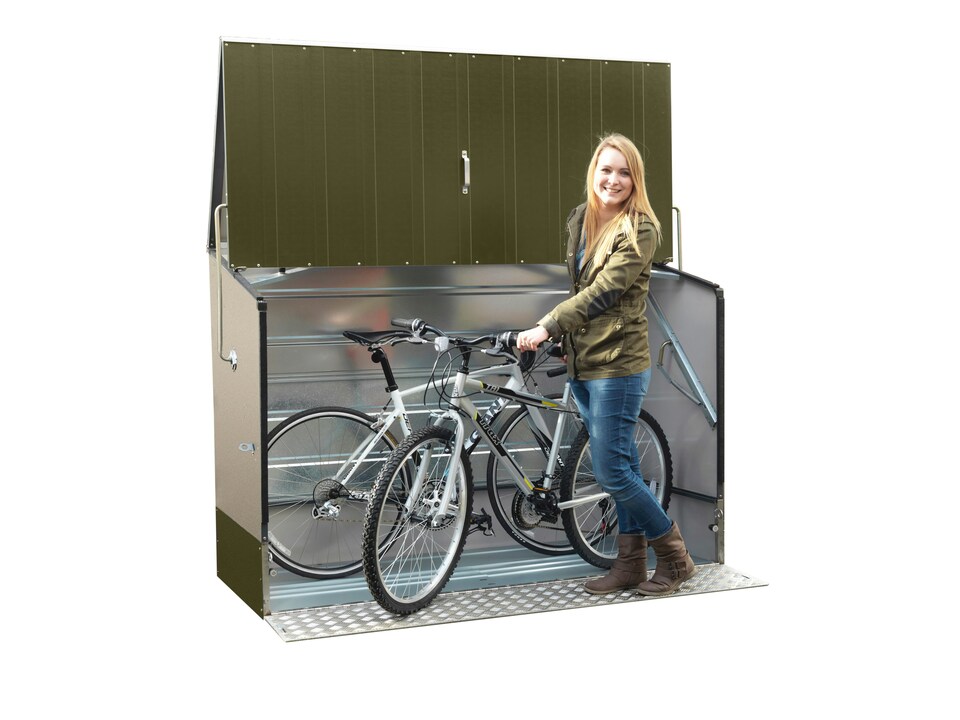 image 1 of Trimetals Bike Storage Shed with Ramp – Fits up to 3 Adult Bikes | Green