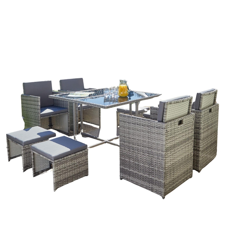 image 1 of 9 Piece Cube Rattan Garden Furniture Set 4 Chairs 4 Footstool Chairs & Table