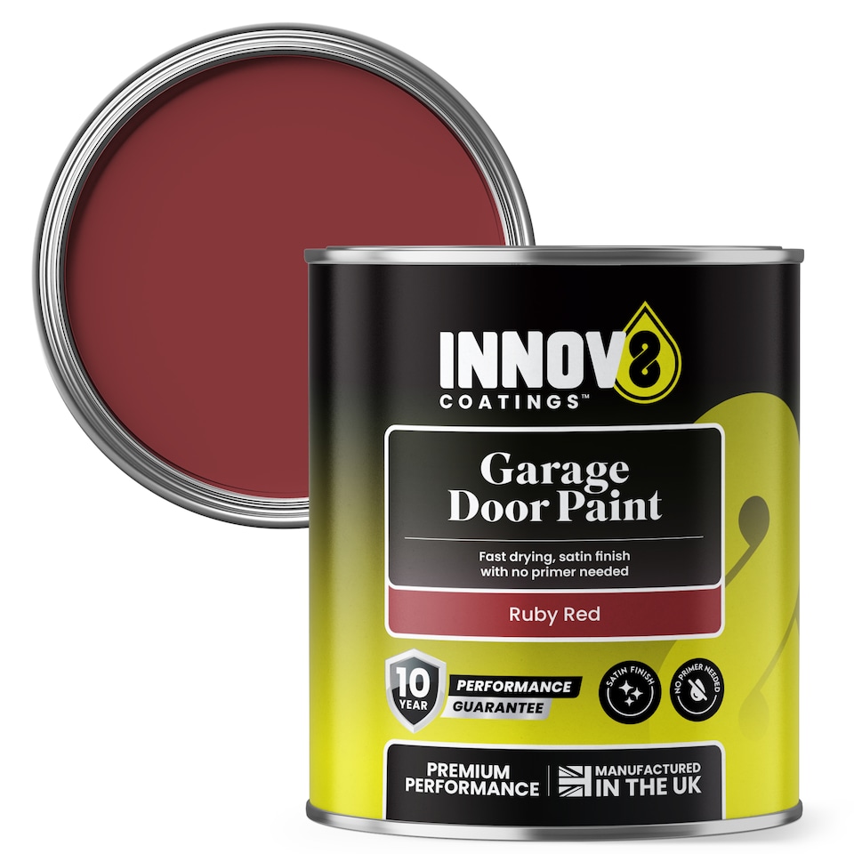 image 1 of Innov8 Coatings Garage Door Paint 750ml – Ruby Red Satin Finish – Exterior Metal Door Paint – Weatherproof & UV Resistant – 10 Year Guarantee