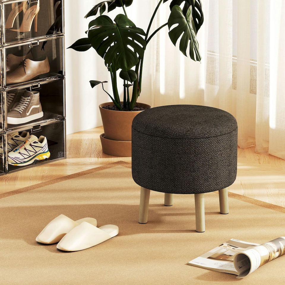 image 1 of HOMCOM Storage Ottoman, Round Stool Chair with Cushioned Top, Brown