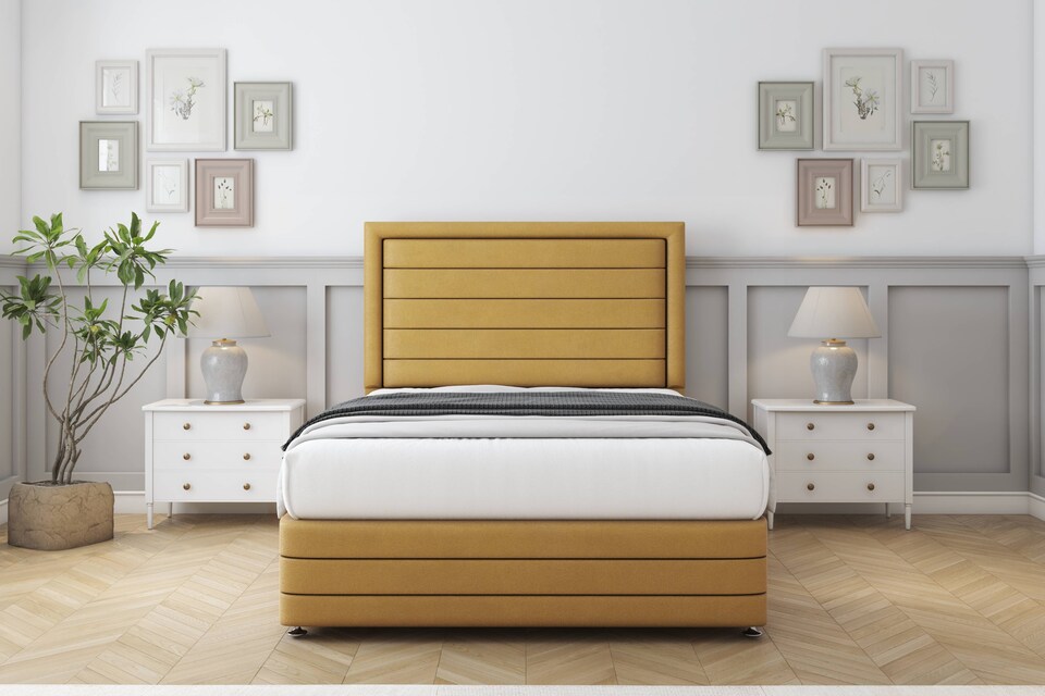 image 1 of Sloomy Ashford Mustard Plush Divan Bed With Mattress 2 Drawers Footend With 54" Floor Standing Headboard & 12" Matching Footboard 5' King | Gold | Mustard | King | 1