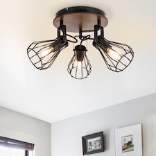 COSYLYTE Kandan 3 Light Matt Black Wire Shade Spotlight with Wooden Backplate | Black | Walnut wood | 1