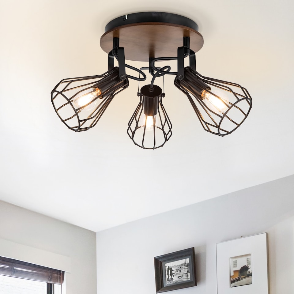 image 1 of COSYLYTE Kandan 3 Light Matt Black Wire Shade Spotlight with Wooden Backplate | Black | Walnut wood | 1