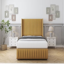 Sloomy Marlborough Mustard Plush Divan Bed With Mattress No Drawers With 54" Wingback Headboard & 12" Matching Footboard 5' King | Gold | Mustard | King | 1