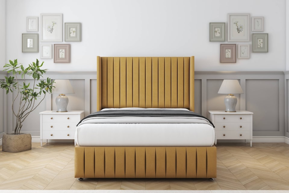 image 1 of Sloomy Marlborough Mustard Plush Divan Bed With Mattress No Drawers With 54" Wingback Headboard & 12" Matching Footboard 5' King | Gold | Mustard | King | 1
