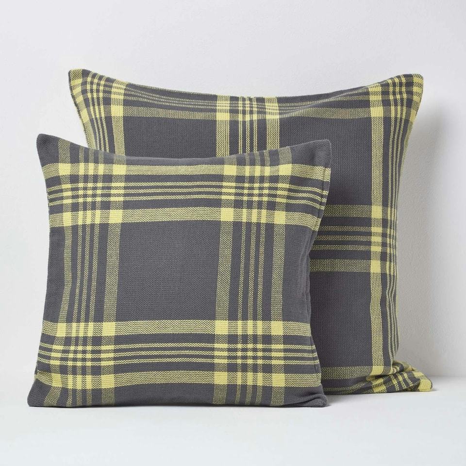 image 1 of Homescapes Grey & Yellow Tartan Pattern Cushion Cover - 60 x 60 cm | Grey | Grey & Yellow | 60 x 60 cm