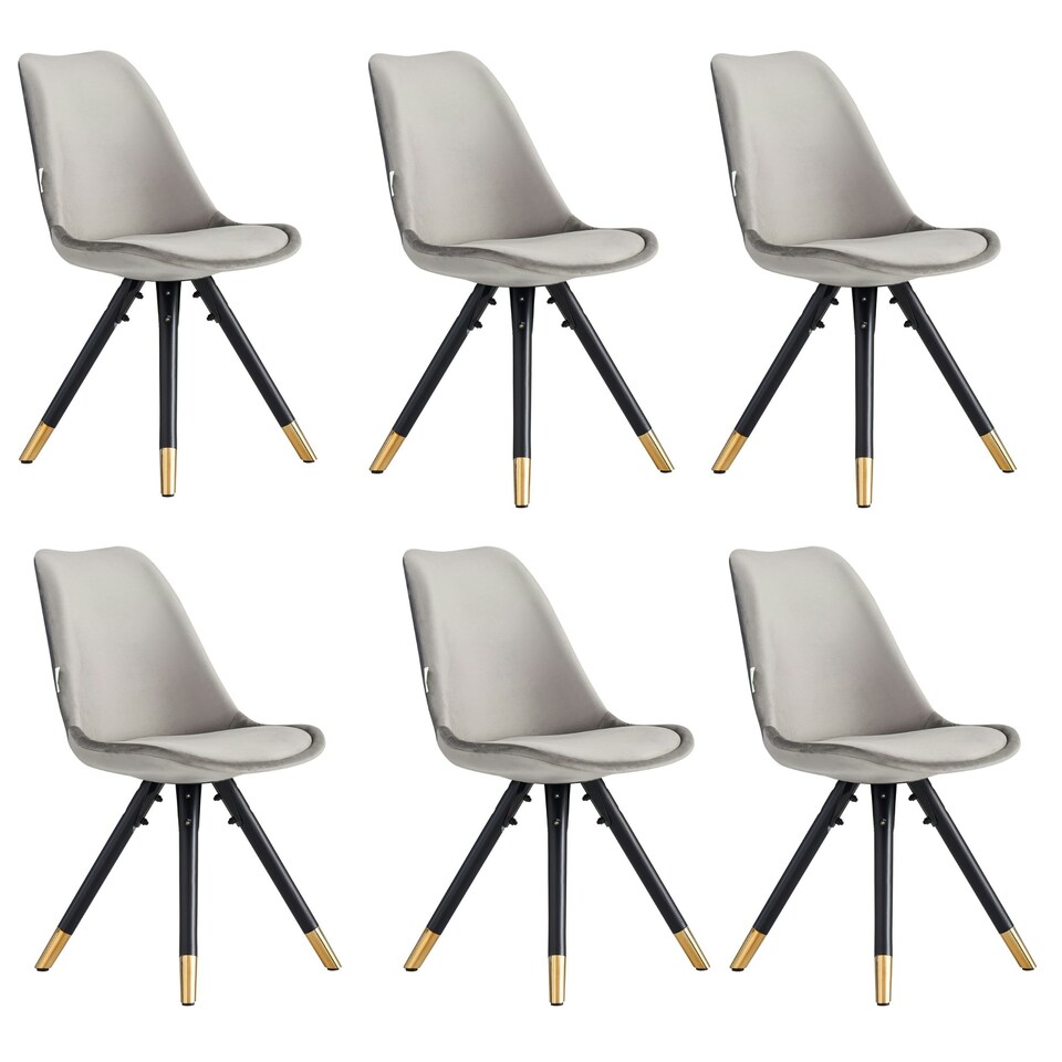 image 1 of Set of 6 Sofia Ergonomic Modern Dining Chairs Upholstered in Velvet, Metal Legs with Gold End Tips Grey | Dark Grey