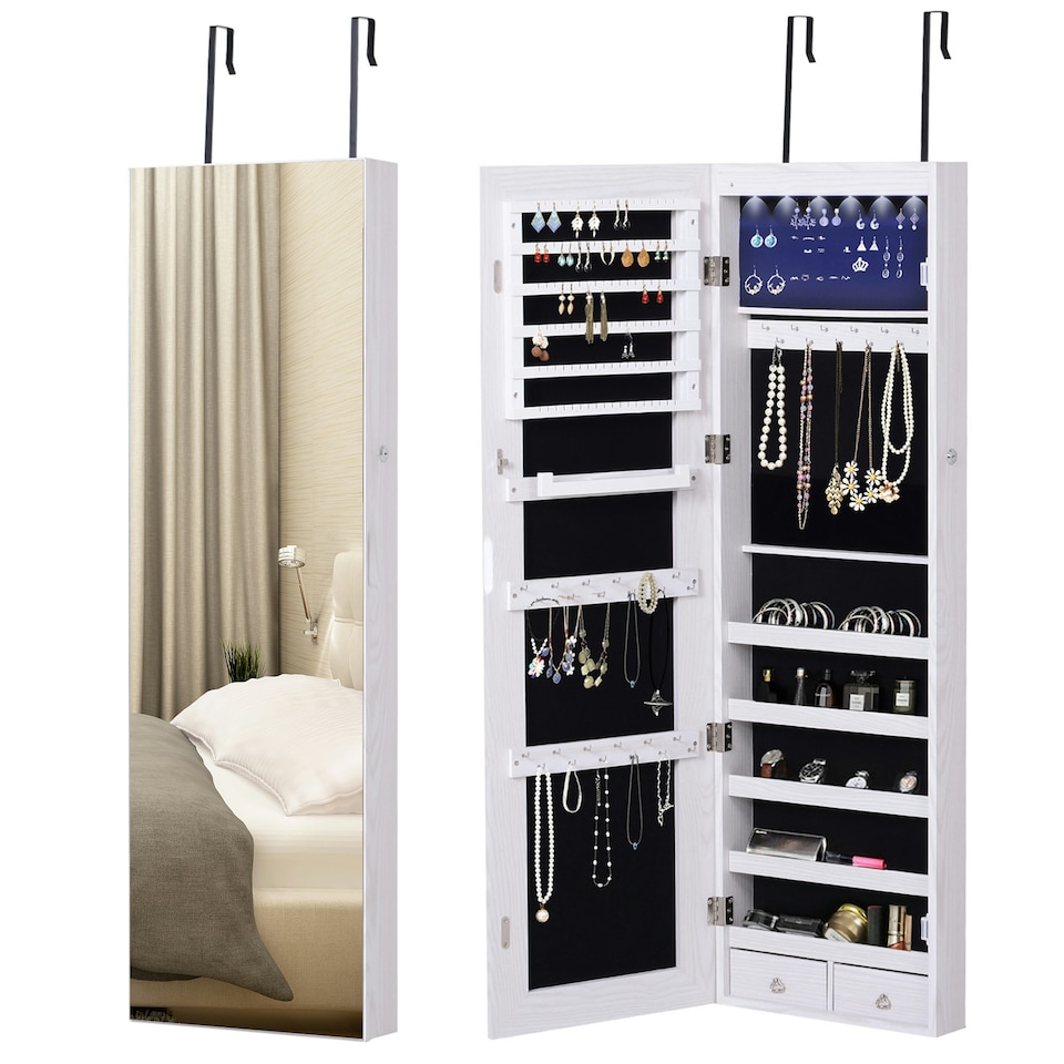image 1 of HOMCOM Hanging Mirrored Jewel Storage Cabinet Organiser Lockable w/6 LED White