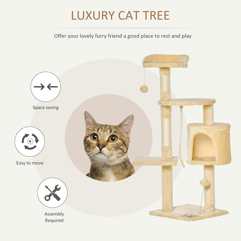 image 1 of PawHut Pet Activity Centre Cat Tree Condo with Scratching Post 4-Tier Beige