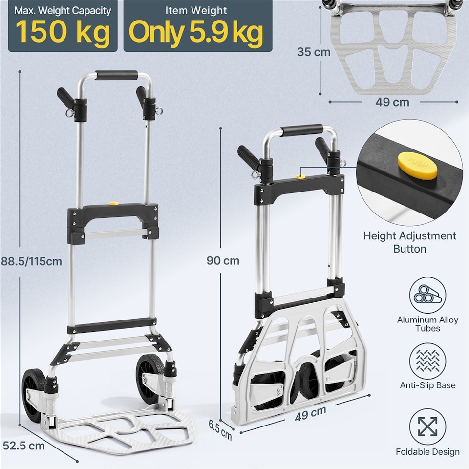 image 1 of Yaheetech Metal Hand Trolley with Adjustable Handle Height & Bungee Cord & Gloves-Silver