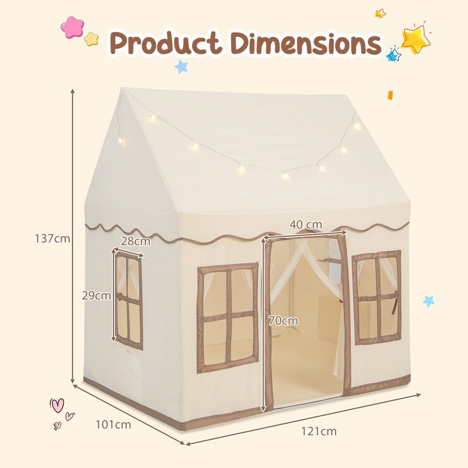 image 1 of COSTWAY Kids Play Tent Indoor Kids Playhouse with Star Lights Brown
