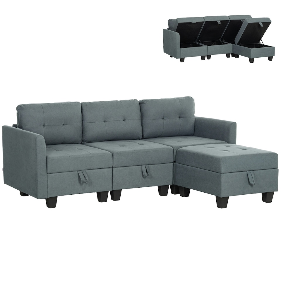 image 1 of HOMCOM Convertible Modular Sectional Sofa with Storage, Tufted 3 Seater Sofa Set, L Shaped Couch with Ottoman, Wood Frame for Living Room, Dark Grey | Grey