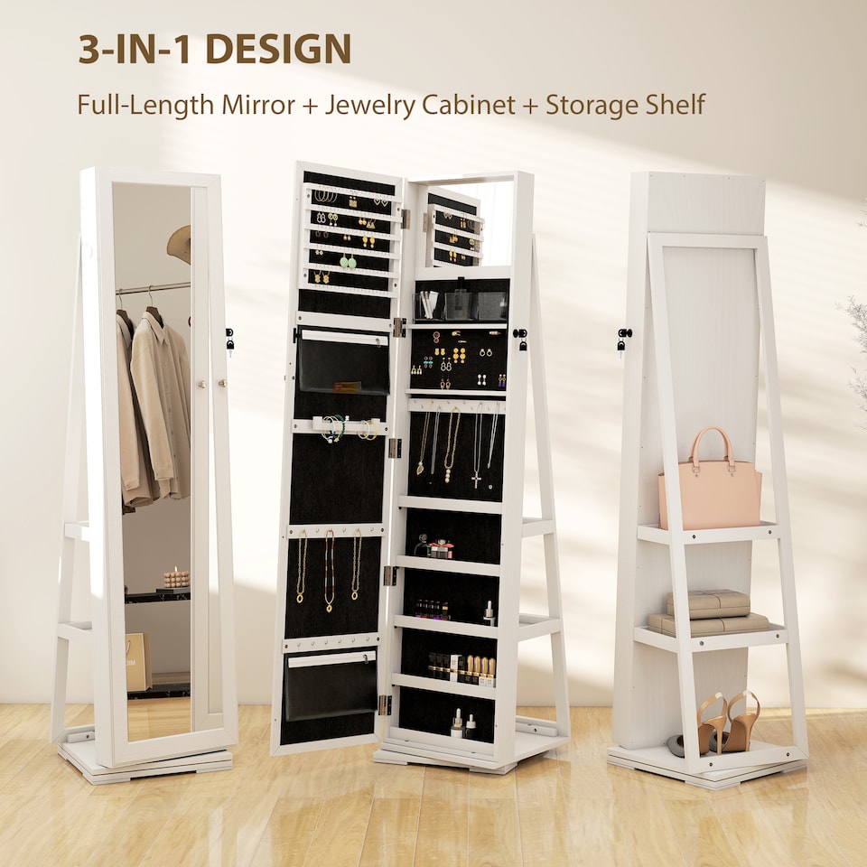 image 1 of HOMCOM 360  Swivel Jewellery Cabinet, Free Standing Full Length Mirror with Storage, Lockable Jewellery Organiser with Built-in Makeup Mirror and Storage Shelves for Bedroom, White