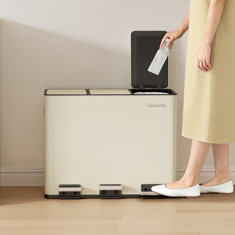 image 1 of CozyLiving 45L Triple Pedal Bin for Recycling and General Waste Rubbish Kitchen Bin 3x 15L
