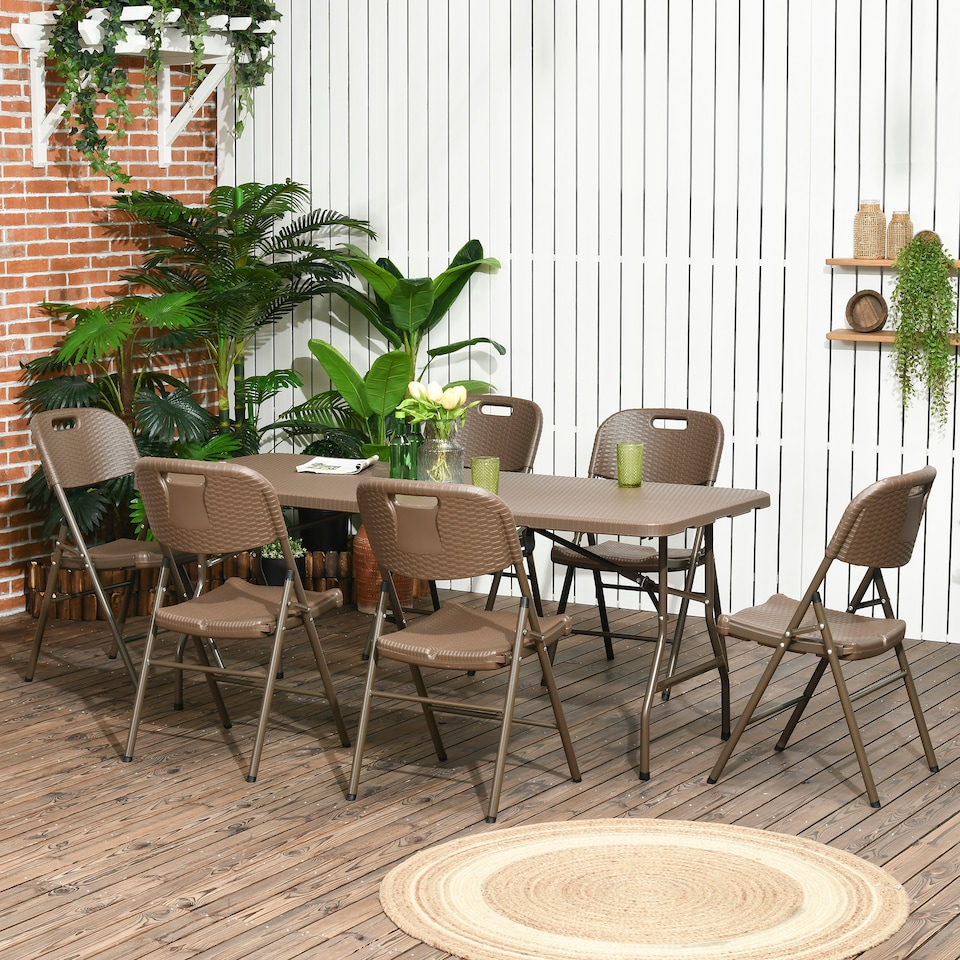 image 1 of Outsunny 6 Seater Garden Dining Set, Rattan Style HDPE Garden Furniture Set, Outdoor Dining Table and Chairs with 6 Armchairs and Rectangular Plastic Top Table for Patio, Balcony, Dark Brown