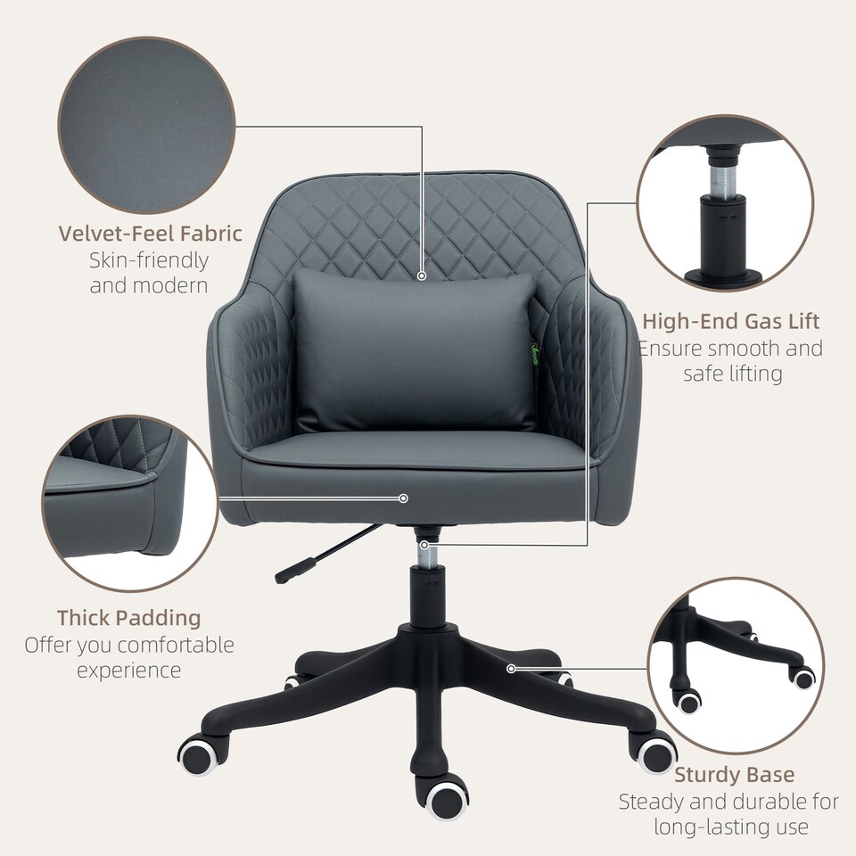 image 1 of Vinsetto Microfiber Office Chair, Desk Chair, Makeup Vanity Chair with Massage Lumbar Pillow and Rolling Wheels for Bedroom and Home, Grey